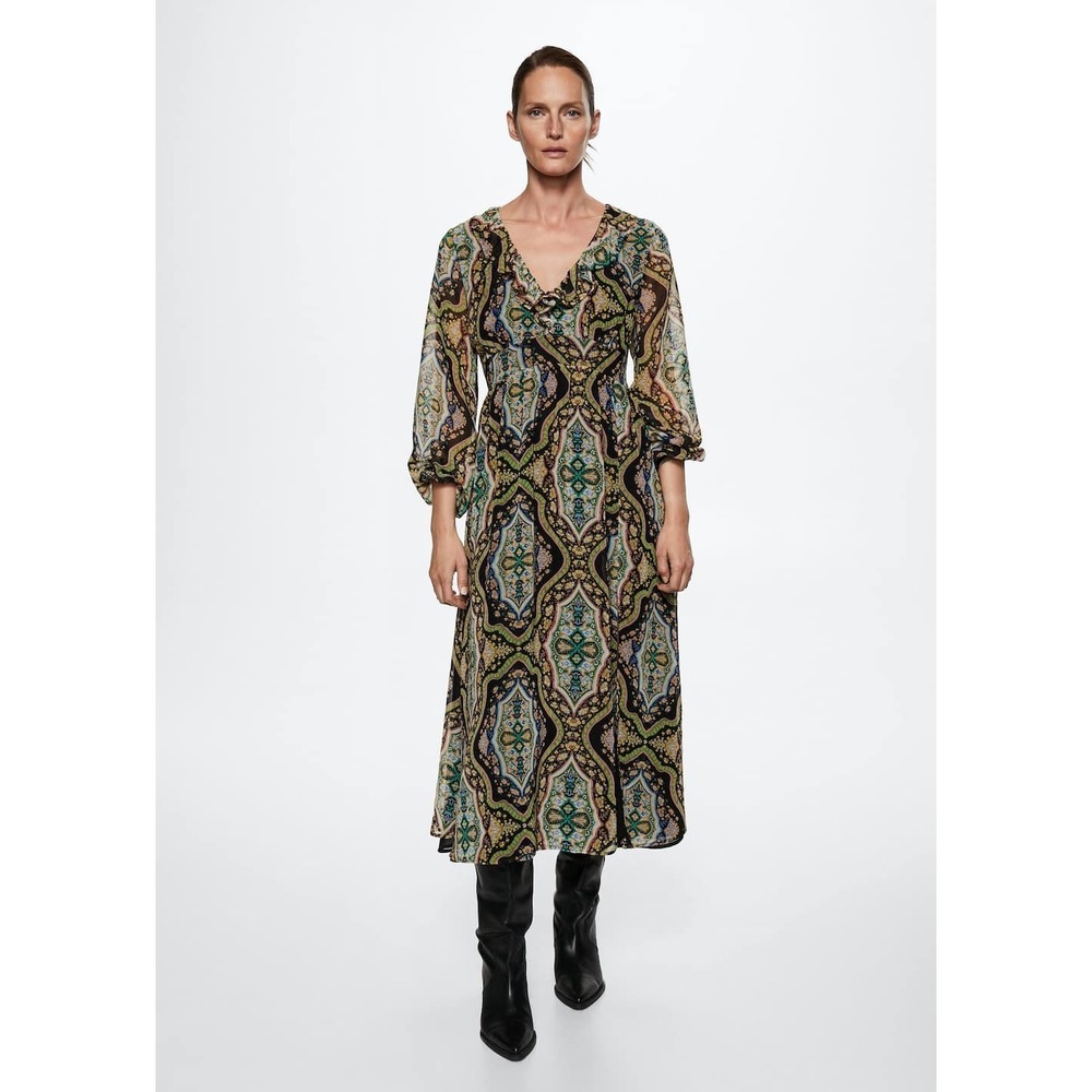 MNG Dress Womens M Multicolor Paisley V Neck Ruffle Maxi Chiffon Lined Boho